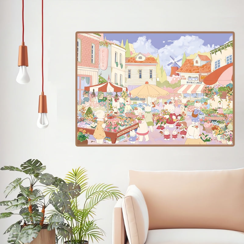 Flower Town puzzle displayed in a frame on living room wall