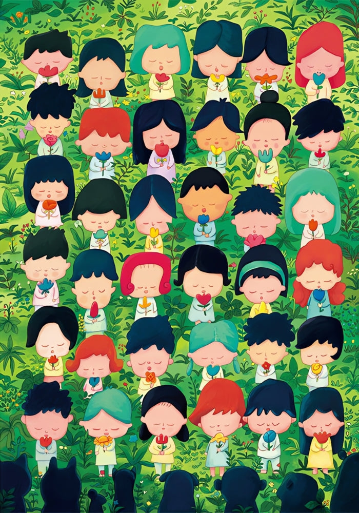 Illustration of children peacefully holding flowers in a lush green forest