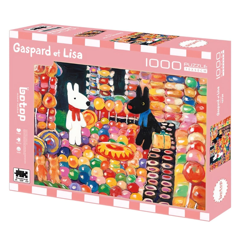 Gaspard et Lisa 1000 piece puzzle box with vibrant sweets and balloon background
