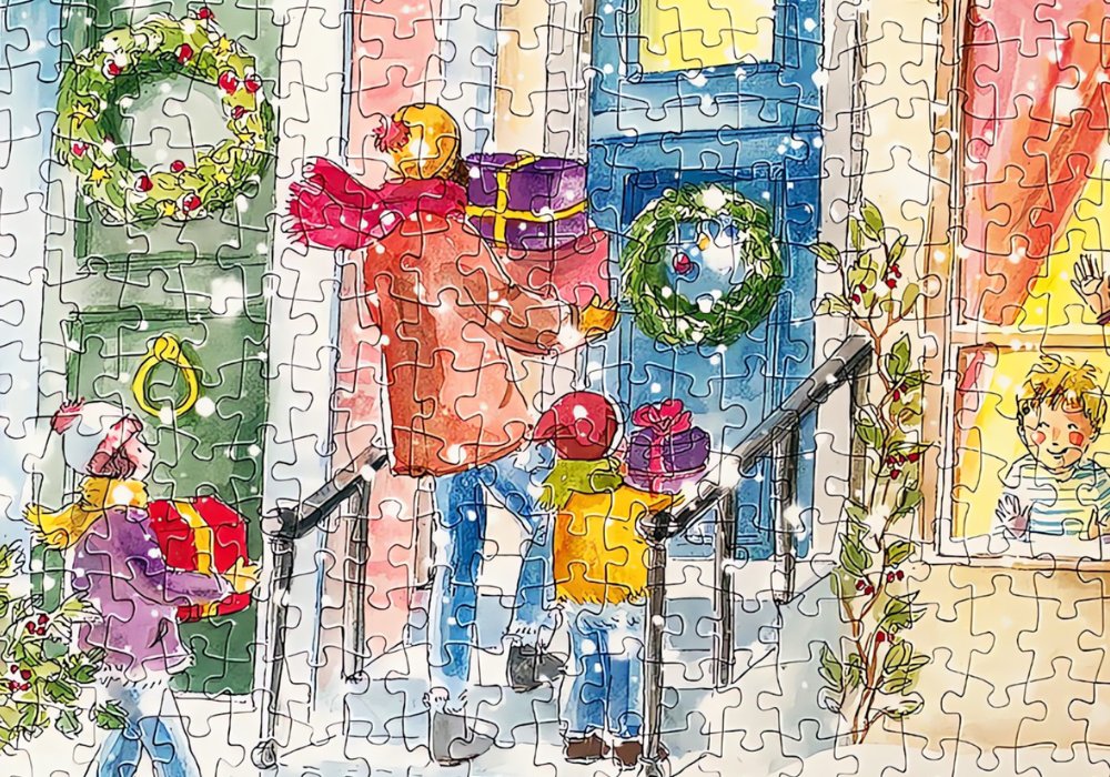 Puzzle detail of family bringing gifts to decorated houses in snowy street