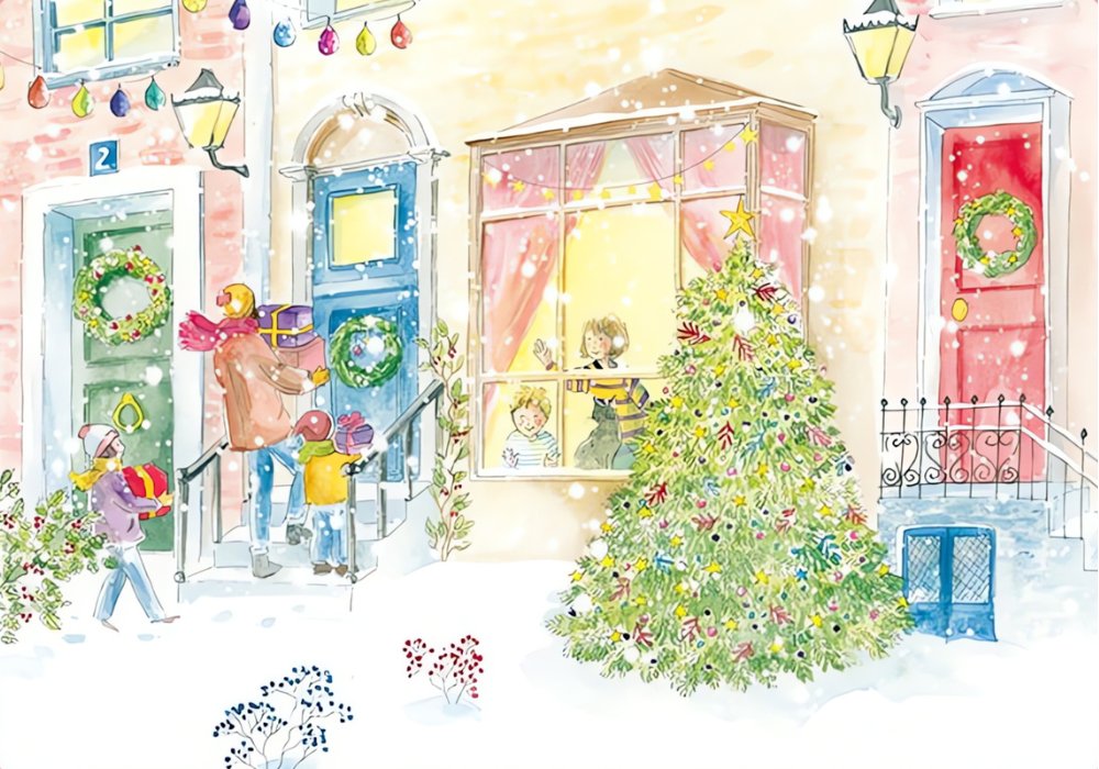 Family walking through snowy street with gifts, lights, and Christmas tree