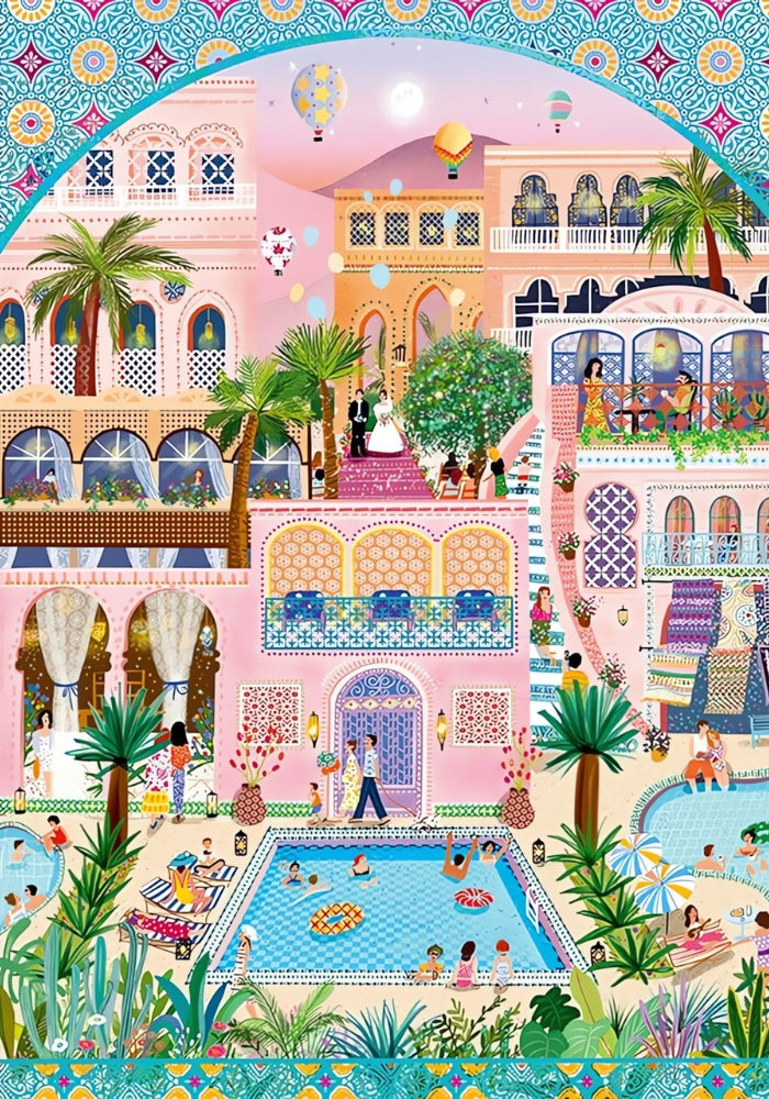 A detailed vertical illustration of a Mediterranean-style vacation villa with arches, hot air balloons, palm trees, pools etc