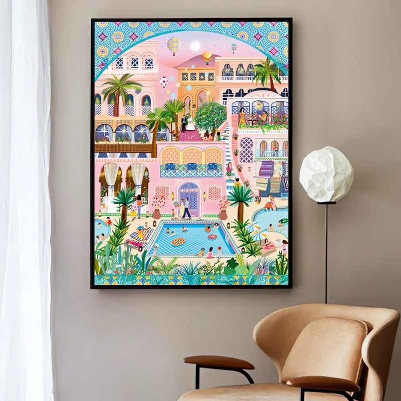 The completed Pink Holiday puzzle framed and hanging on a beige wall in a modern living room