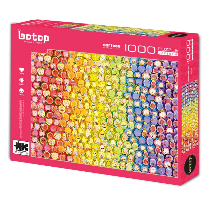 Puzzle of cute fruit characters arranged in a rainbow colour gradient from red to purple.
