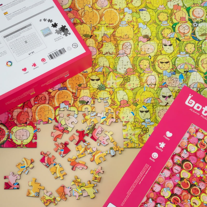 Puzzle of cute fruit characters arranged in a rainbow colour gradient from red to purple.