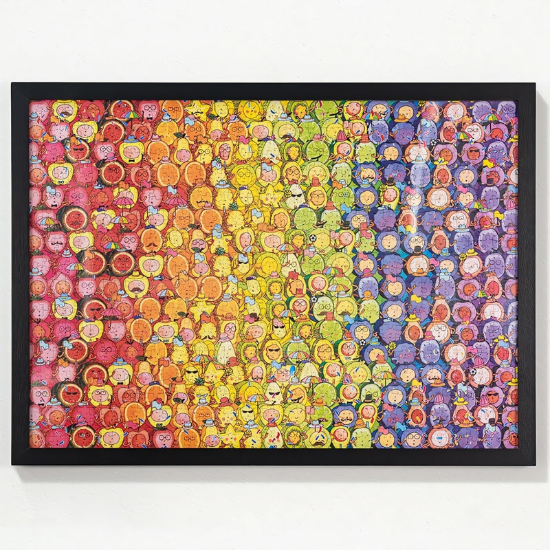Puzzle of cute fruit characters arranged in a rainbow colour gradient from red to purple.