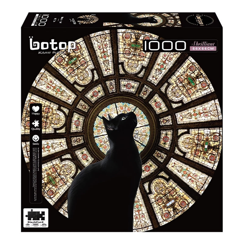 Botop 1000 piece puzzle box featuring a black cat silhouette against a round stained glass window design