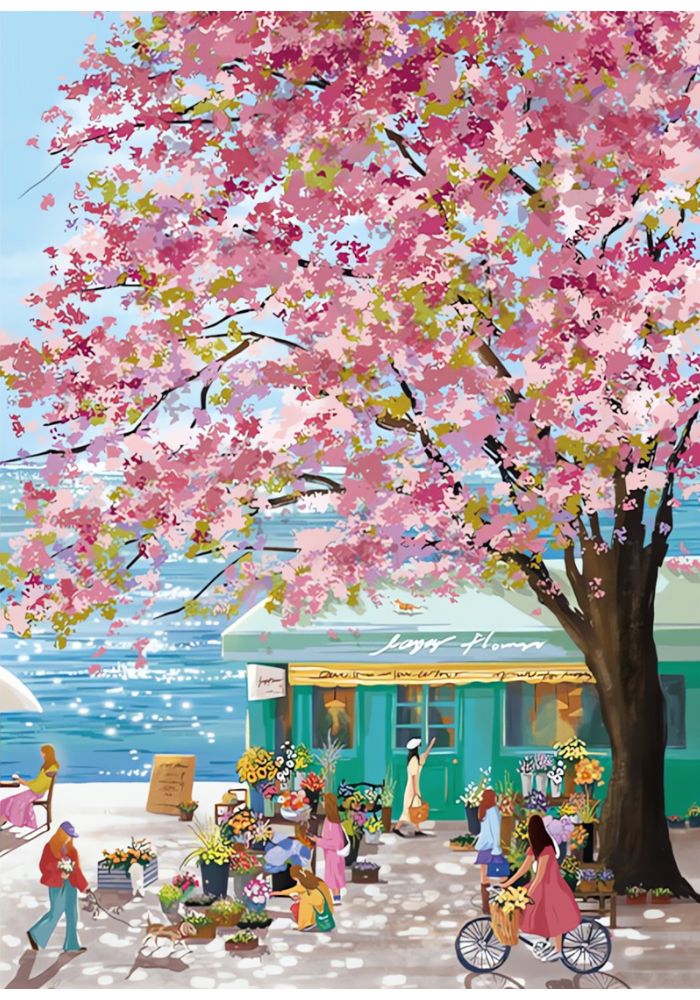 Botop Seaside Flower puzzle artwork of spring tree and oceanfront store
