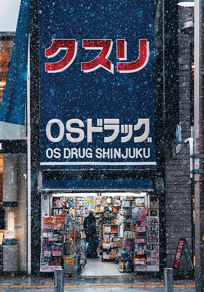 Botop OS Drug Shinjuku storefront image with snow falling