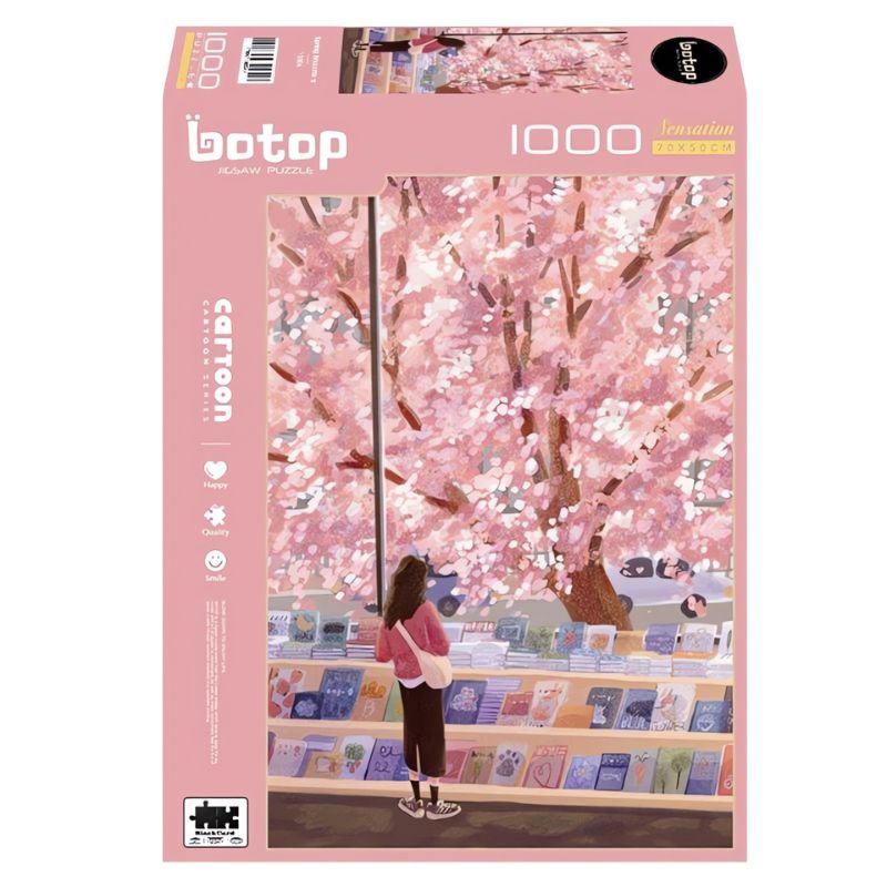 Spring Bookstore Botop 1000 piece puzzle box with girl reading under cherry blossoms