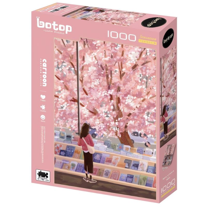 Spring Bookstore Botop 1000 piece puzzle box with girl reading under cherry blossoms