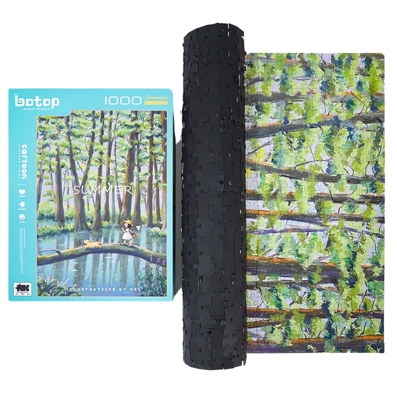 Partially completed puzzle with a rolled-up mat, showing the forest scene with trees and log bridge from the “Summer” set.