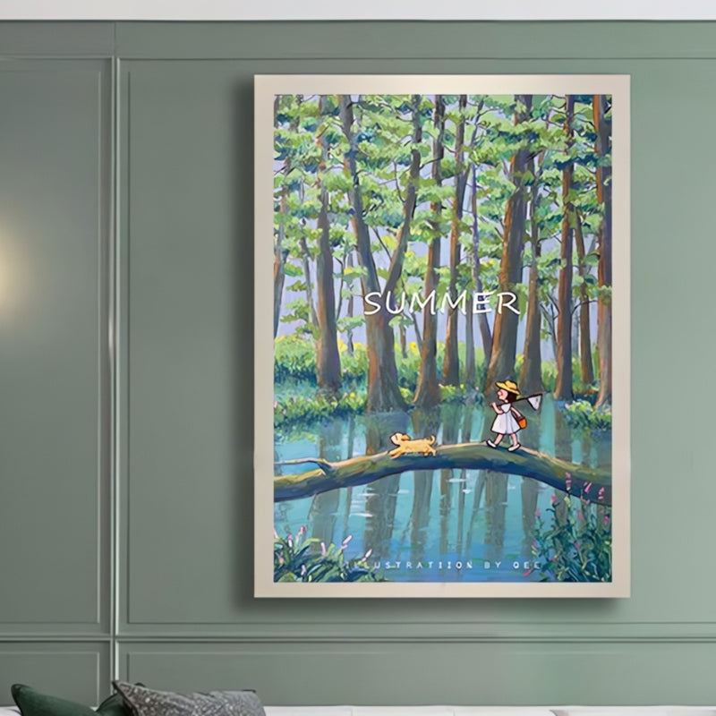 Framed summer puzzle art on a green wall, featuring a girl and dog on a log over a calm forest pond.