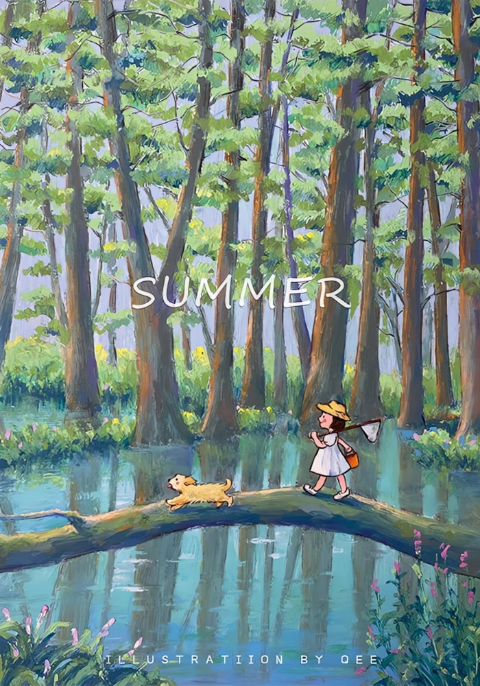 Illustration of a girl with a butterfly net and a dog walking on a log over water, surrounded by tall forest trees.