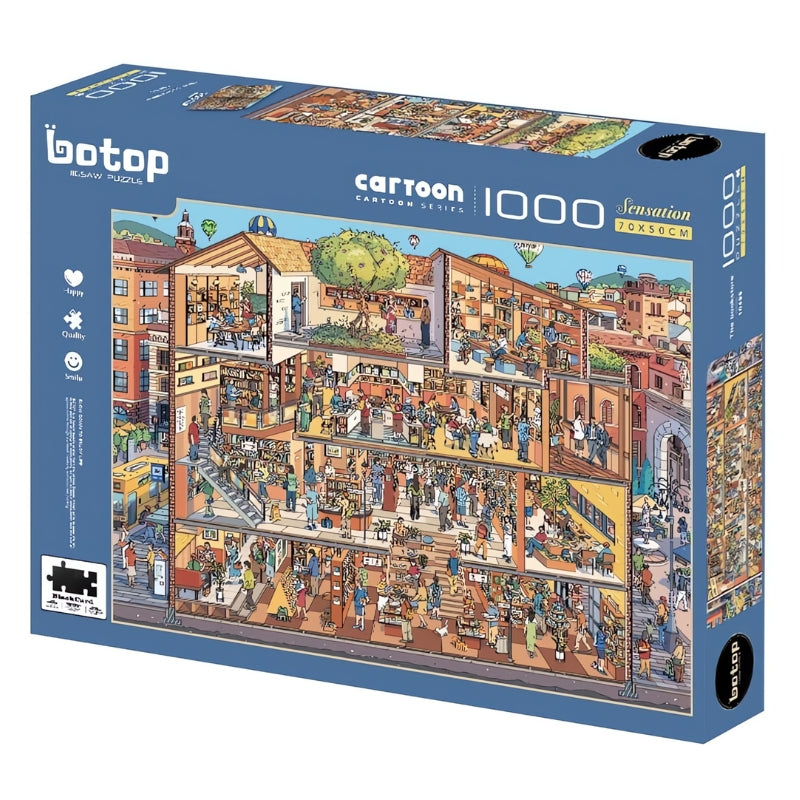 The Bookstore Botop 1000 piece puzzle box showing busy cartoon bookshop building