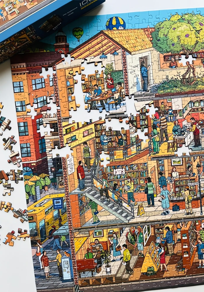 Partially completed Bookstore puzzle with colourful detailed floors and stairs