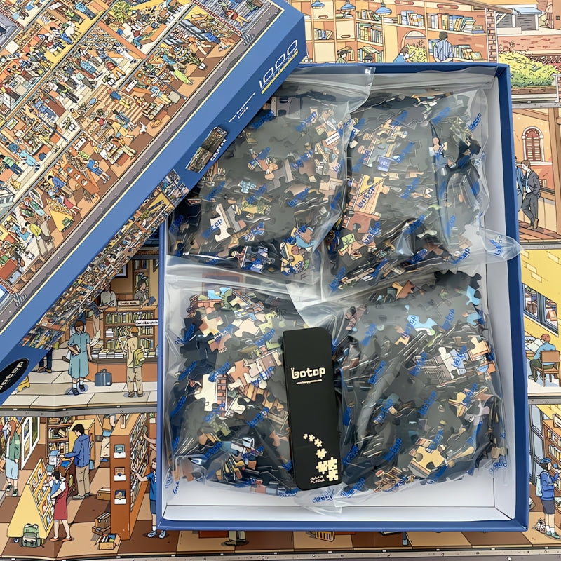 The Bookstore puzzle open box with bagged pieces and Botop puzzle tool