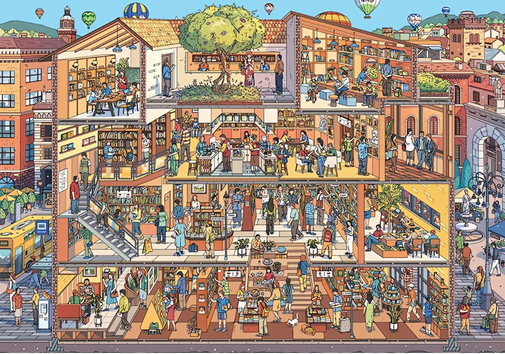 Detailed cartoon artwork of bustling multilevel bookstore scene