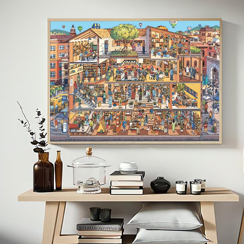 Completed Bookstore puzzle framed and displayed in modern home interior