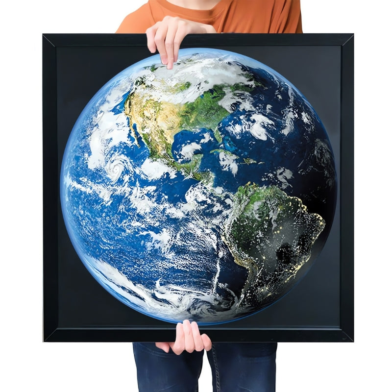 Framed Earth puzzle held up, showing full globe with cloud cover and continents.