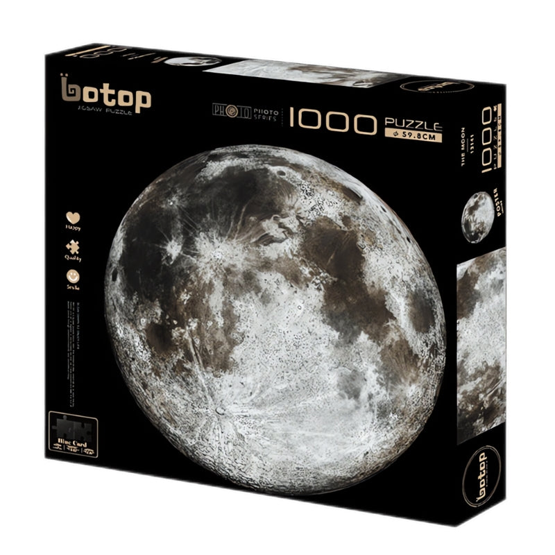 Botop 1000-piece puzzle box with realistic photo of the moon on a black background.