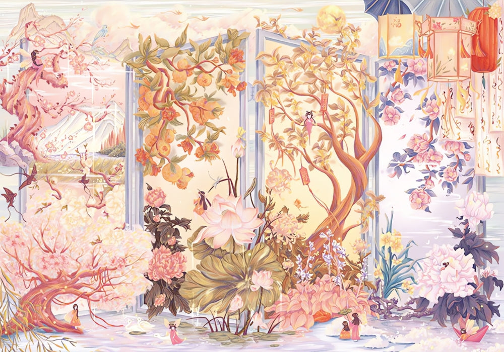 Botop Twelve Flowers puzzle scene with blooming fantasy trees
