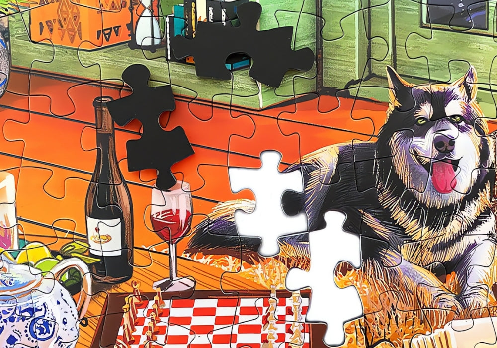 Close-up of assembled puzzle showing a dog relaxing near a chessboard and wine glass
