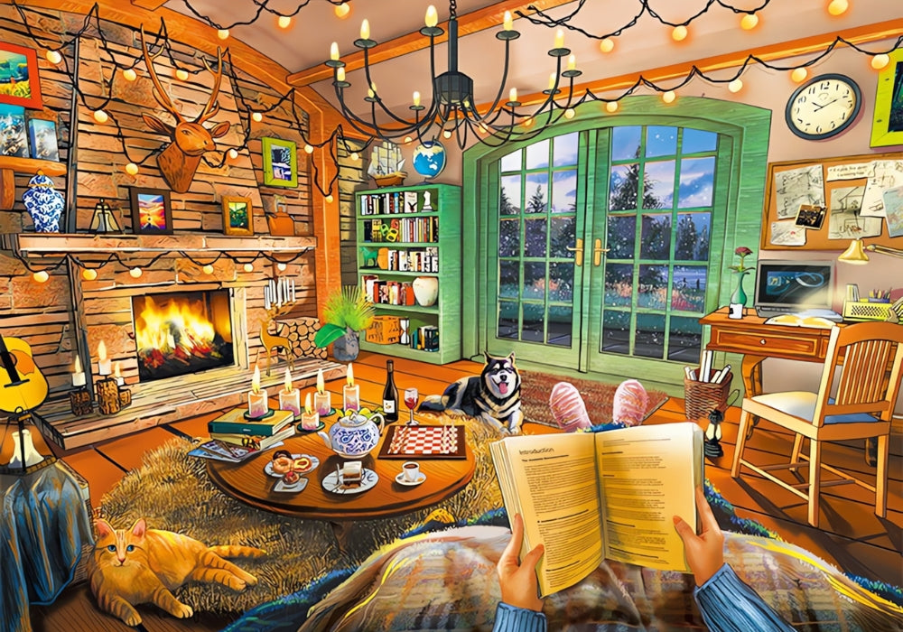 Illustration of a cosy cabin with a fireplace, pets, bookshelves, and someone reading on a couch