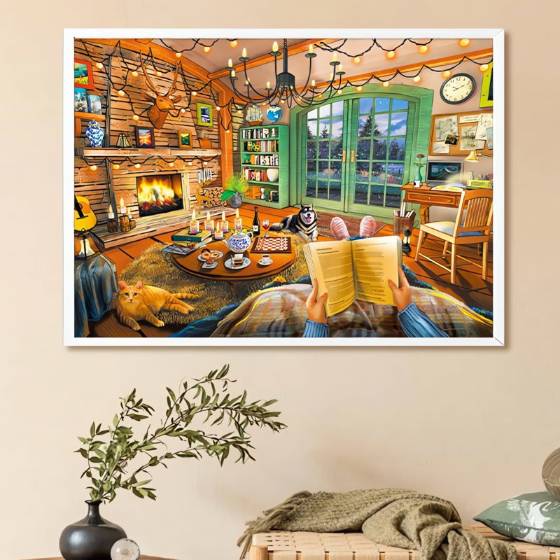 Framed Vacation Home puzzle hanging on a wall above a bench with a green throw