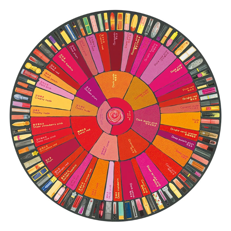 Round puzzle with vivid lipstick swatches and names arranged in a color wheel.