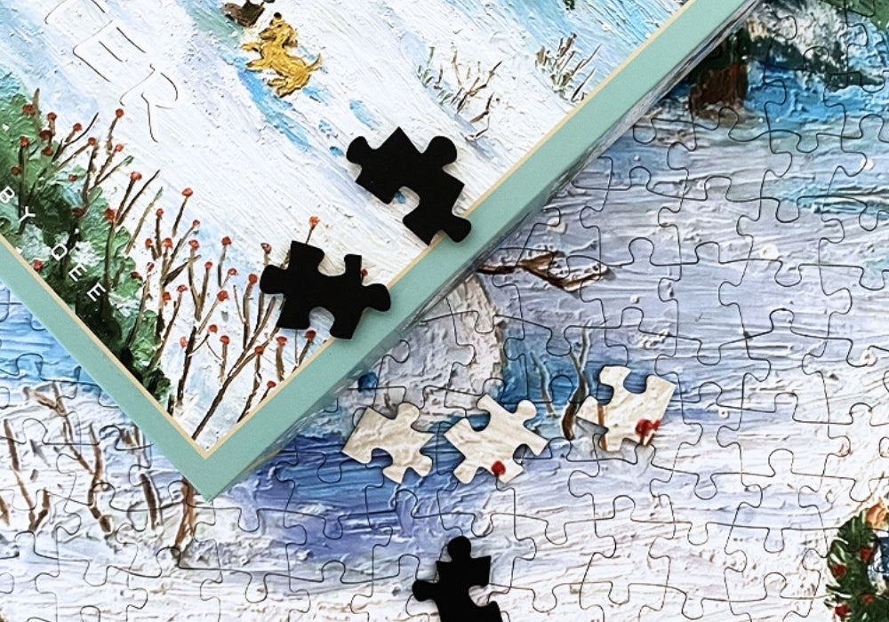 Botop Winter puzzle pieces being placed on snowy background