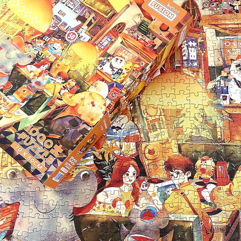 Completed Cat Restaurant puzzle with box placed on top, showing detailed dining characters.