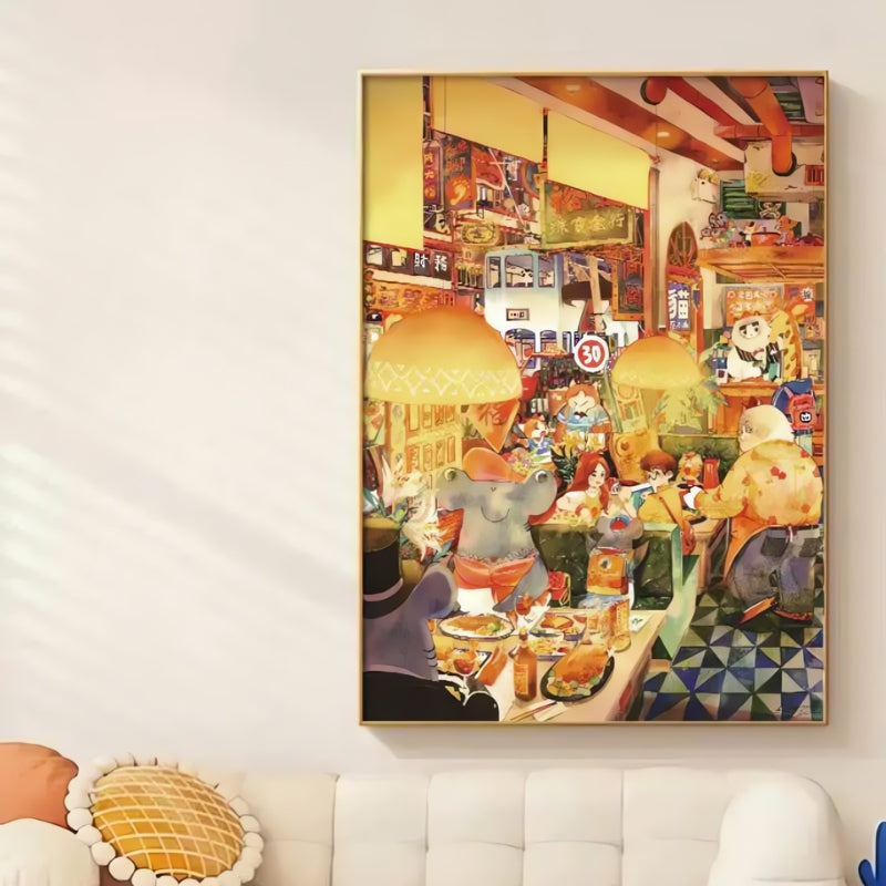Framed Cat Restaurant puzzle artwork hanging in a modern living room above a white sofa.