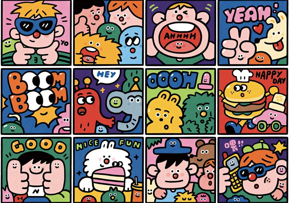 Colourful comic-style puzzle with cute faces, fun expressions, and bold text