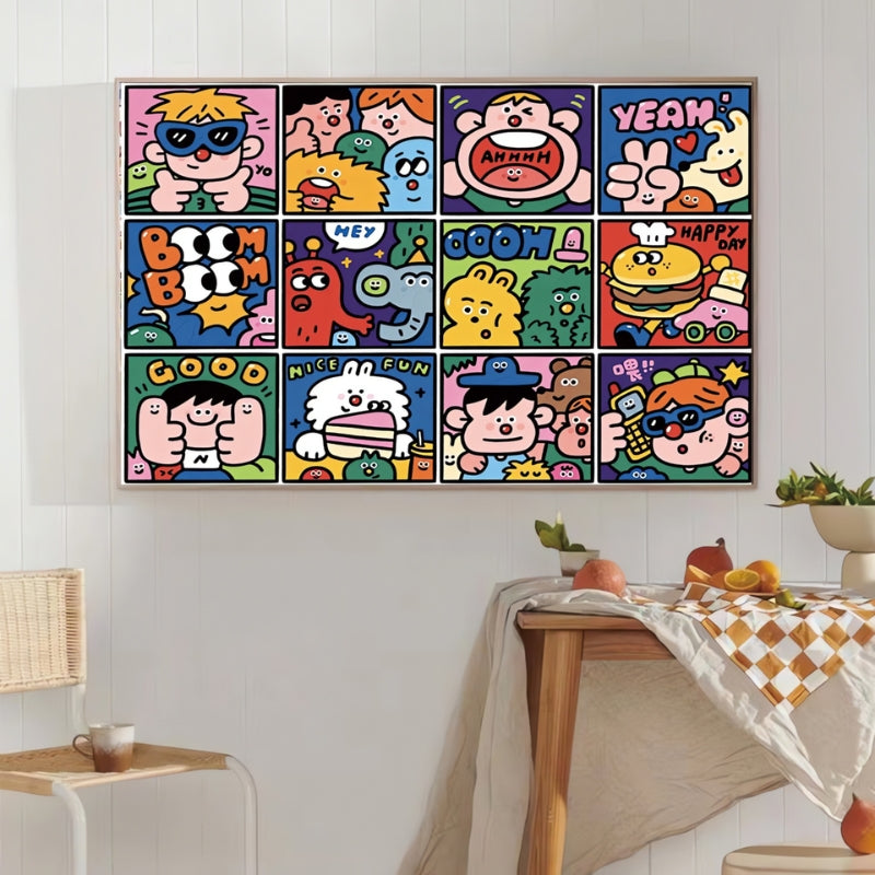 Framed Embrace Happiness puzzle displayed in a modern white dining space