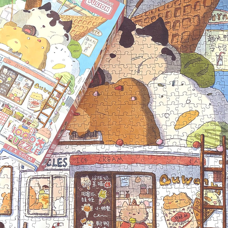 Ice Cream puzzle box resting over completed puzzle with ice cream animal scoops