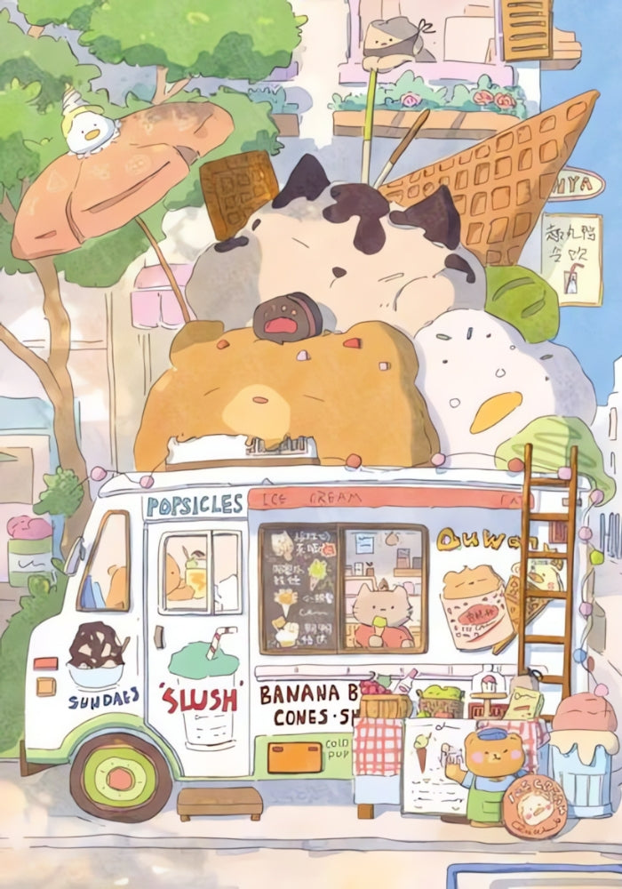 Kawaii-style food truck topped with animal-shaped scoops and dessert details