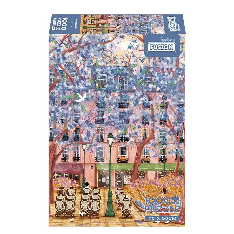 Jacaranda puzzle box with purple blossoms and pastel pink buildings