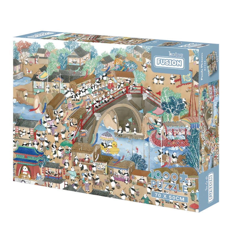 Panda Picture puzzle box with playful pandas in a vibrant traditional village market