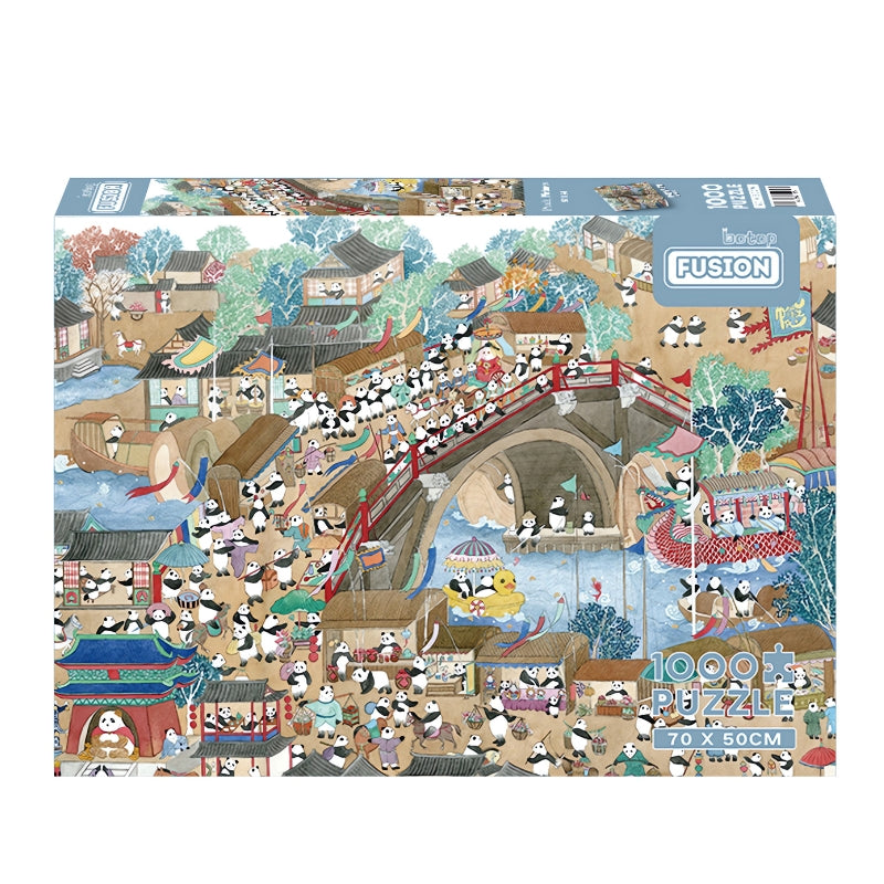 Panda Picture puzzle box with playful pandas in a vibrant traditional village market