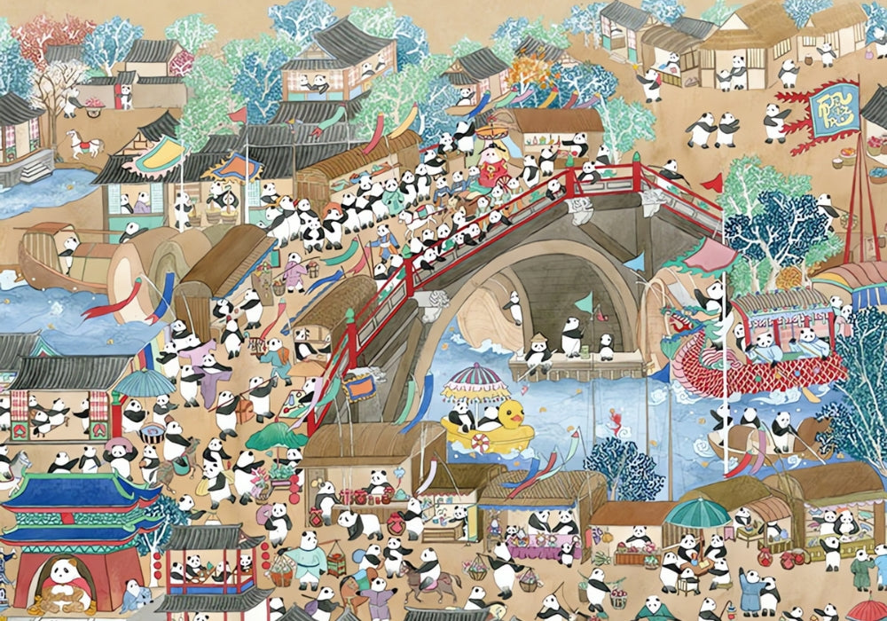 Cartoon pandas crowd a red bridge and paddle boats in a bustling riverside market