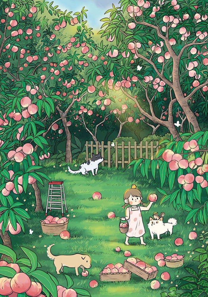 Girl holding peach with playful dogs in a vibrant peach orchard scene