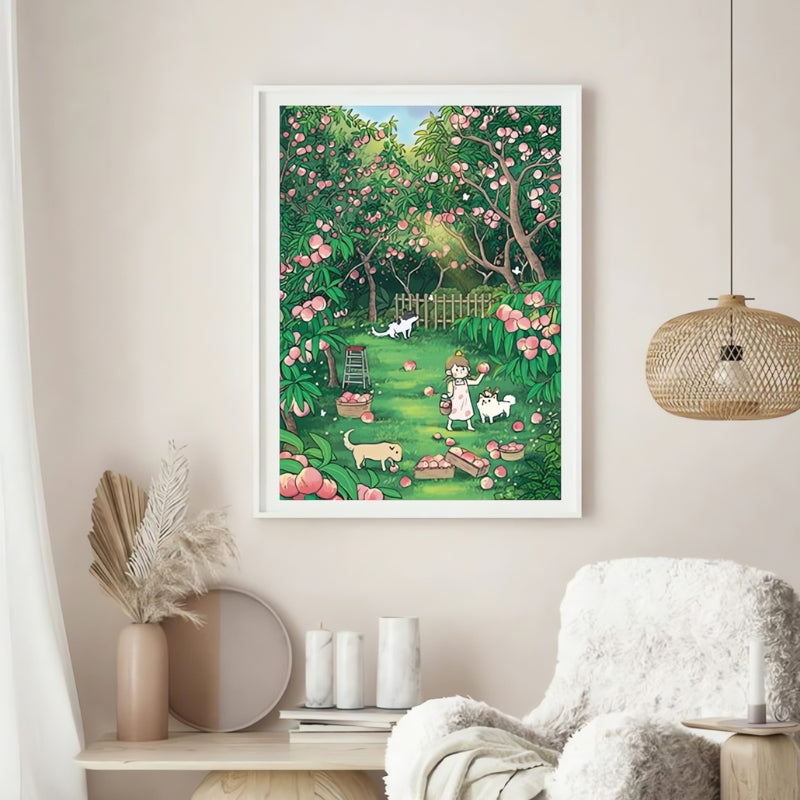 Completed Picking Peaches puzzle framed and displayed in soft, modern interior