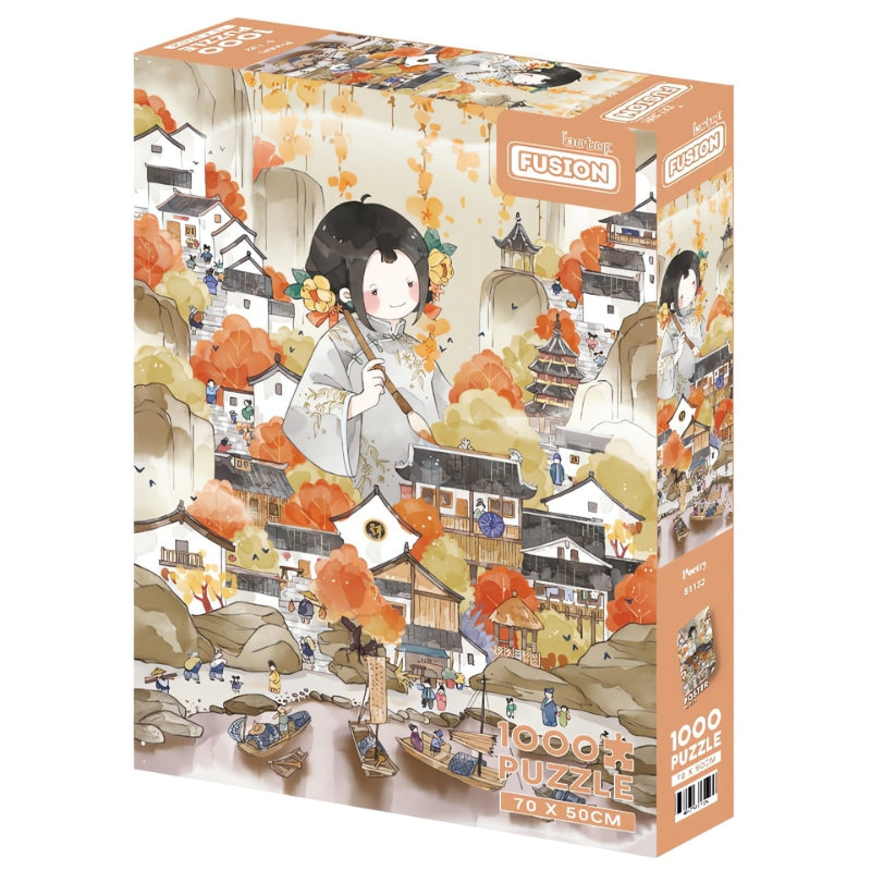 Poetry puzzle box with elegant girl and traditional village in autumn hues