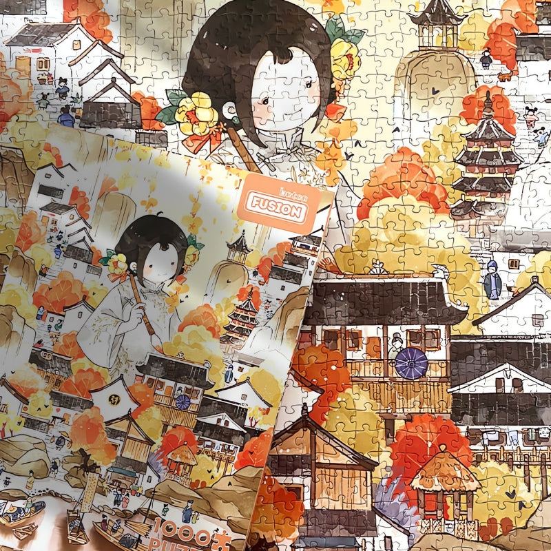 Poetry puzzle box resting over finished artwork with temples, trees, and village life