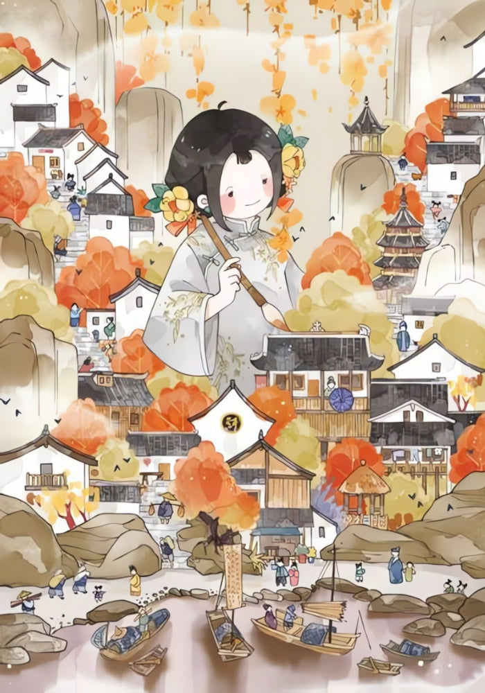 Autumn village scene with boats on water and a girl in traditional dress