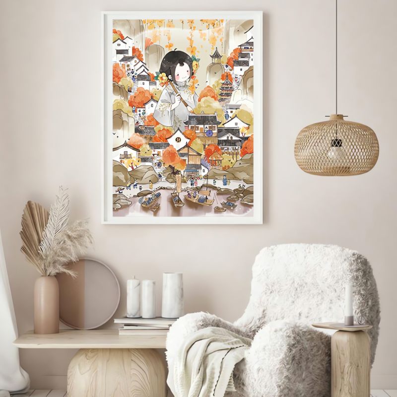 Framed Poetry puzzle with autumn tones hanging in softly lit living space