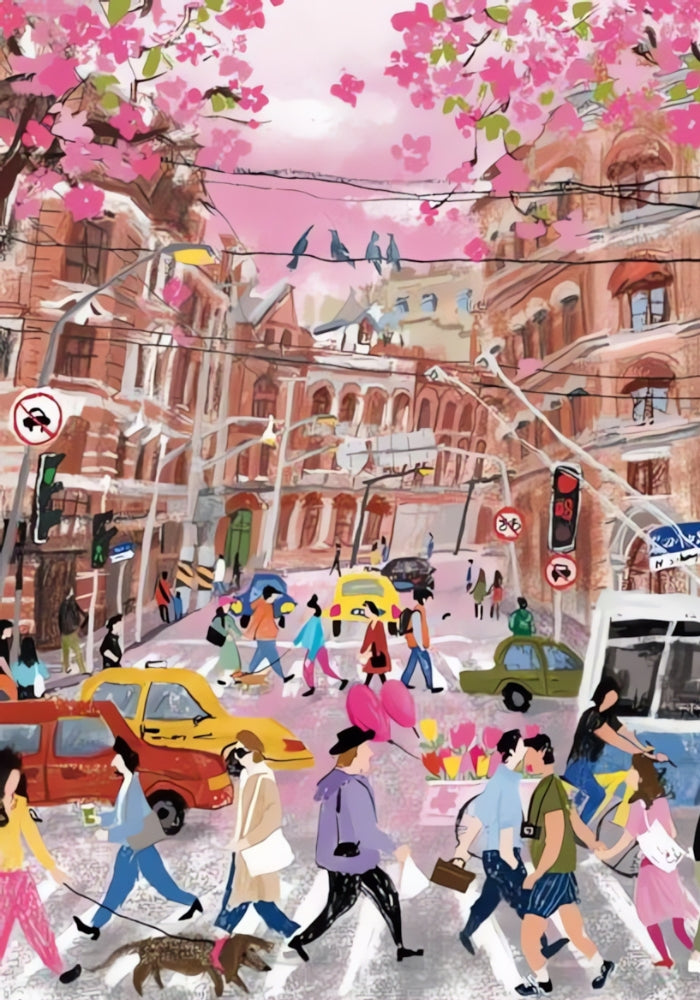 Busy city crosswalk scene with pedestrians, colourful cars, and historic buildings under cherry blossoms