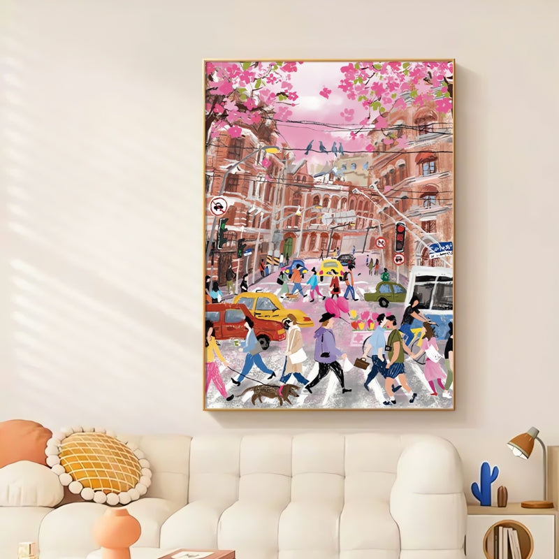 Framed Romantic Corner puzzle displayed in a stylish room with soft-toned furniture and wall art.