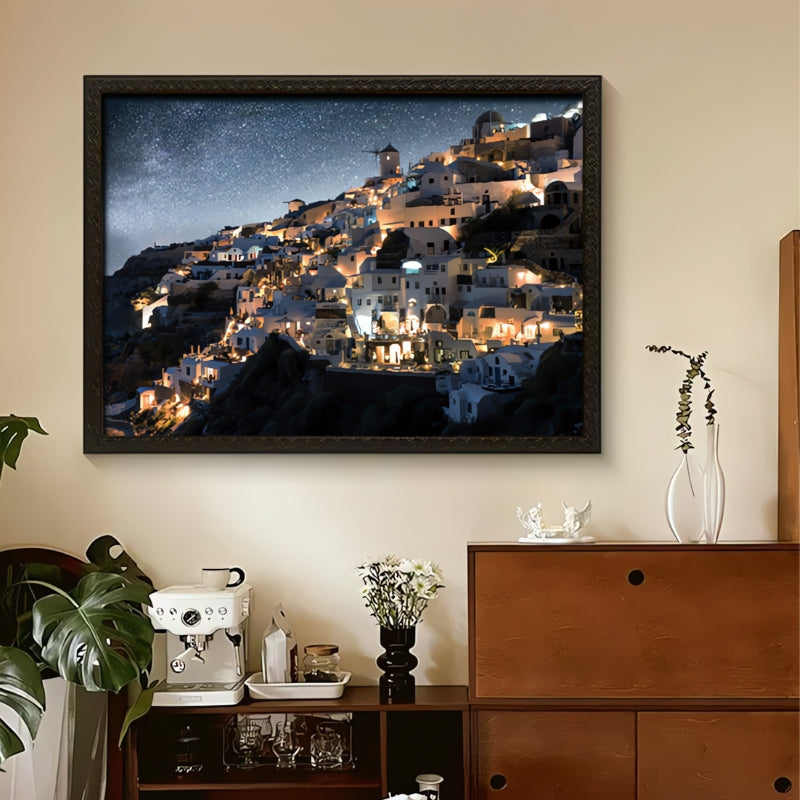 Completed Santorini puzzle framed and hanging in stylish living room